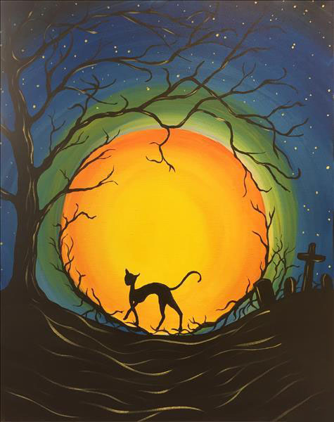 vẽ tranh halloween con mèo và ánh trăng má quái