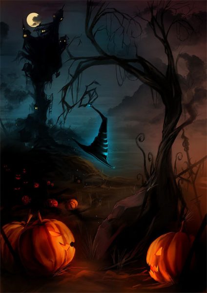 vẽ tranh halloween khu rừng ma quái