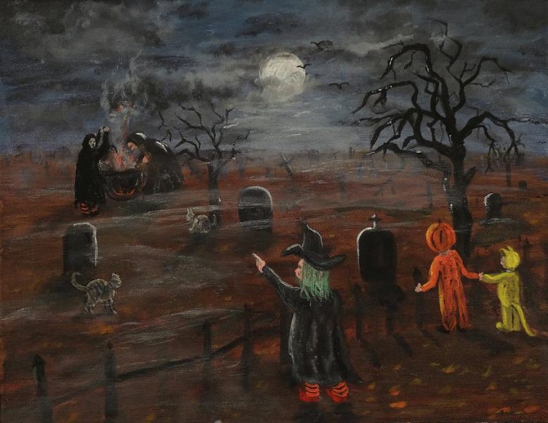 vẽ tranh halloween ở nghĩa trang