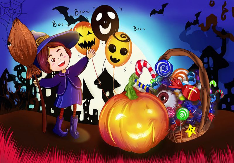 vẽ tranh halloween phù thuỷ và giỏ kẹo