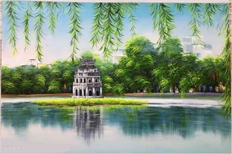 vẽ tranh Hồ Gươm nhìn ra tháp rùa