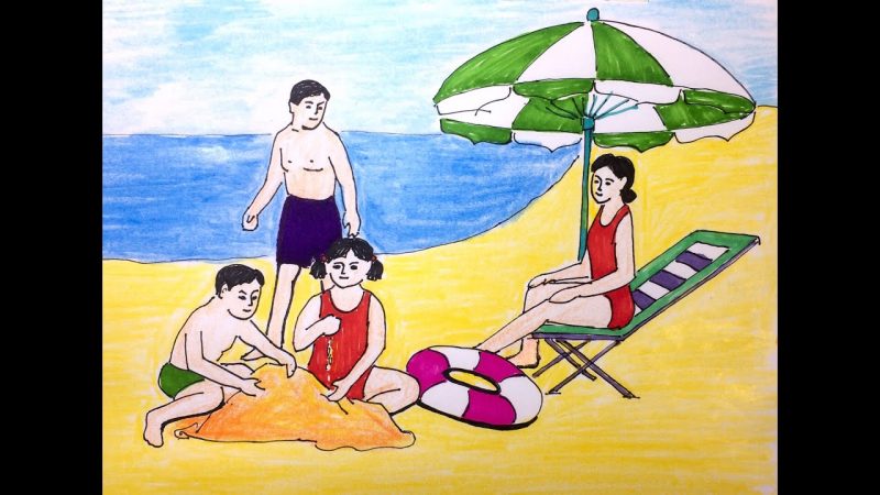 Vẽ tranh hoạt động ngày hè bé chơi cát biển