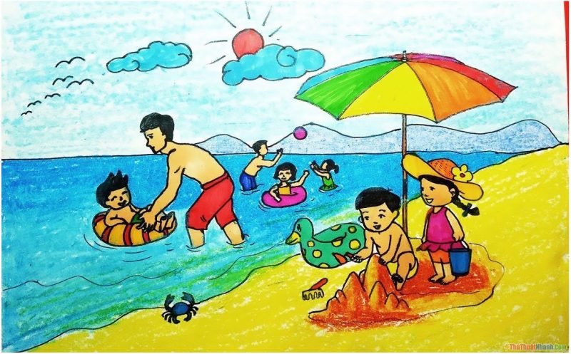 Vẽ tranh hoạt động ngày hè cả nhà đi tắm biển