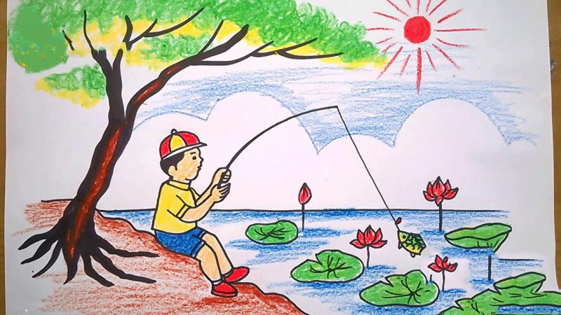 Vẽ tranh hoạt động ngày hè câu cá