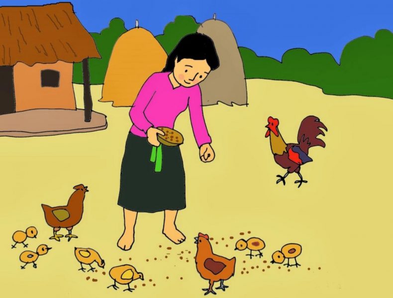 Vẽ tranh mẹ của bé cho gà ăn thóc