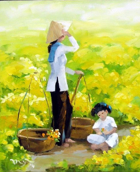 Vẽ tranh mẹ và em giữa cánh đồng hoa vàng