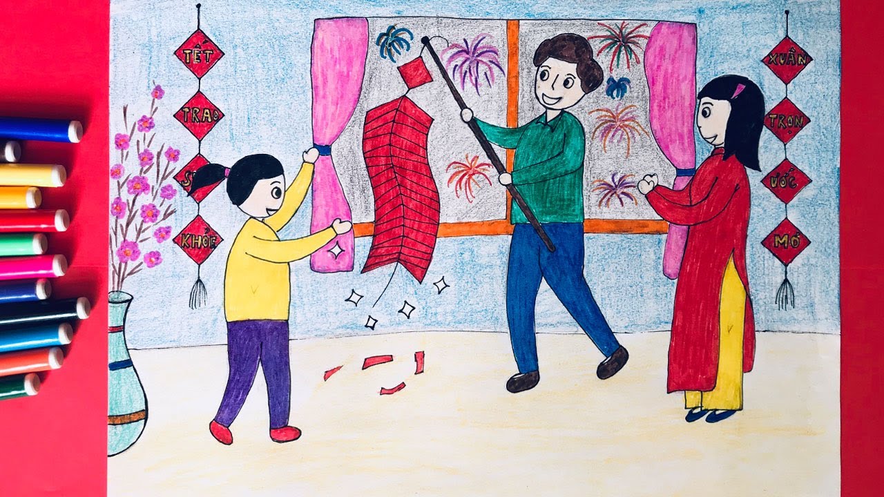 vẽ tranh chợ tết đơn giản đẹp ấn tượng  Trường THPT Hòa Minh