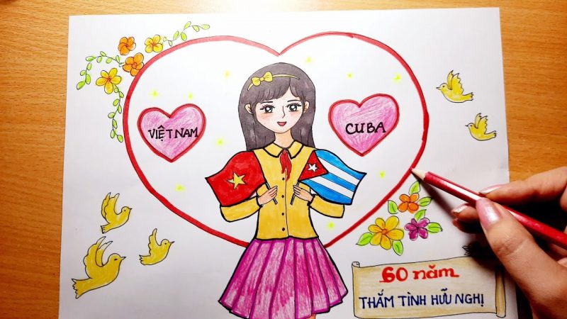 Vẽ tranh tình hữu nghị Việt Nam và Cuba cô gái cầm cờ