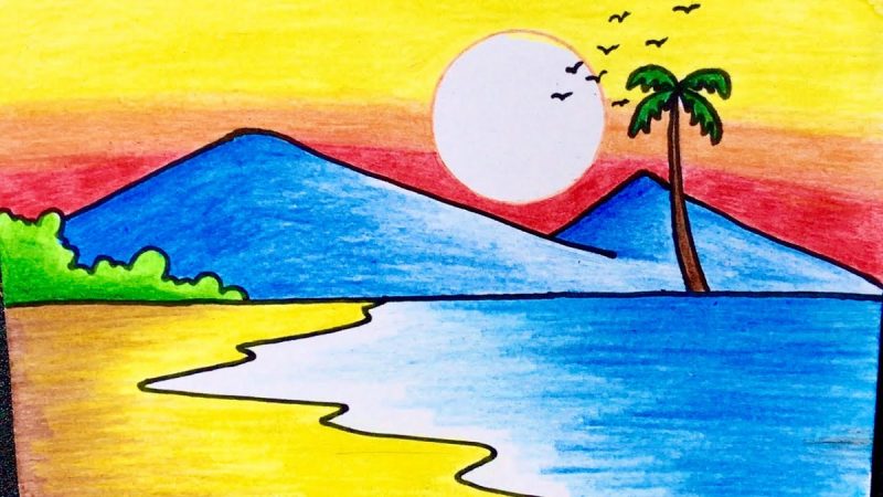 Vẽ tranh tình yêu quê hương đất nước bãi biển lúc hoàng hôn