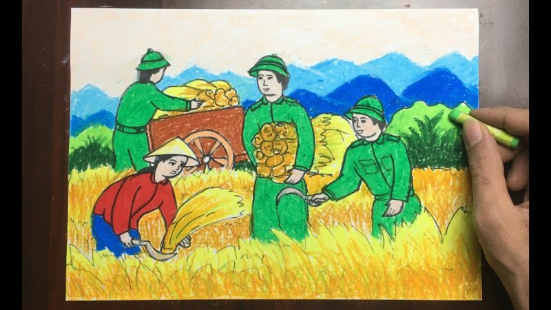 vẽ tranh tự chọn bộ đội cắt lúa giúp dân