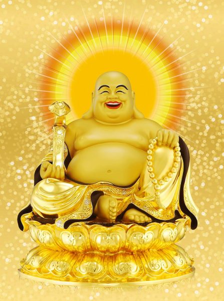 Tượng Phật Di Lặc cầm quyền trượng vàng