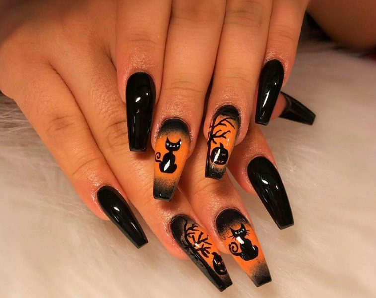 Thiết kế móng tay Halloween màu đen và cam