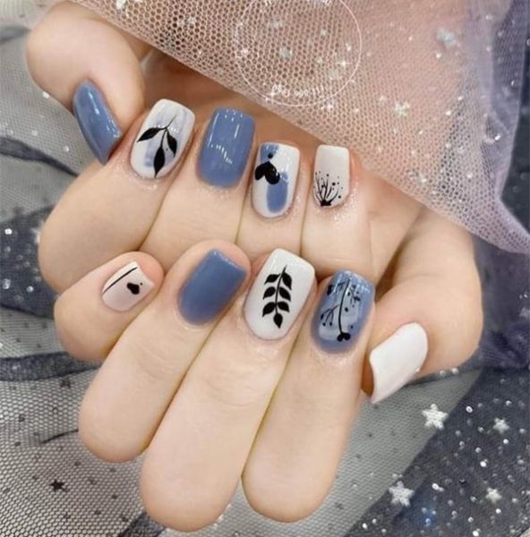 Mẫu nail Hàn Quốc xanh tím kết hợp họa tiết lá