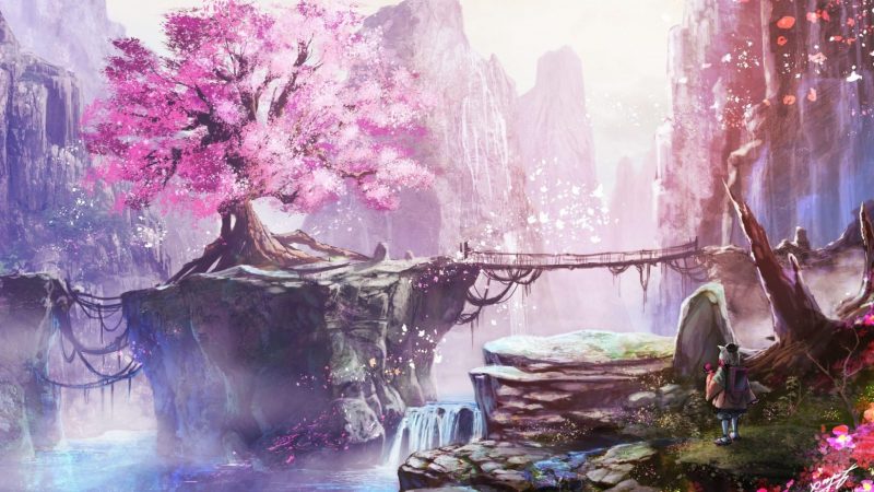 ảnh anime phong cảnh cây cầu hoa anh đào
