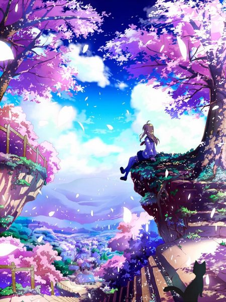 ảnh anime phong cảnh cô gái bên hoa đào