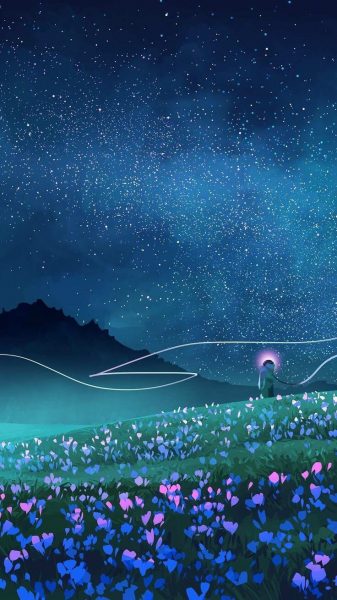 ảnh bầu trời đêm anime và cánh đồng hoa tươi