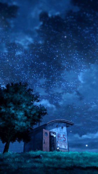 hình ảnh bầu trời đêm anime ngôi nhà và cái cây