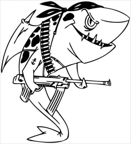 Tranh tô màu con cá mập cầm súng