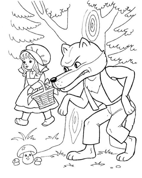Tranh tô màu Cô bé quàng khăn đỏ và con sói trốn dưới gốc cây