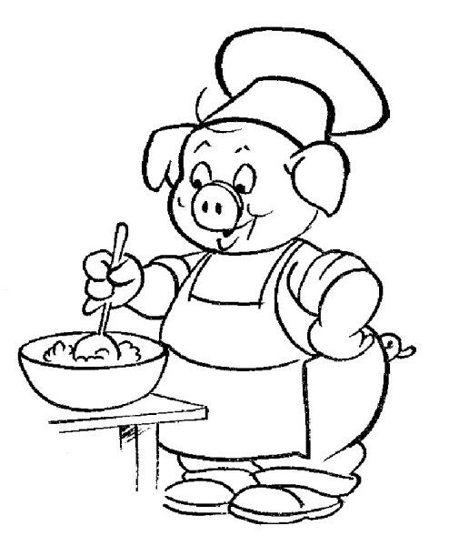 Tranh tô màu con lợn nấu ăn