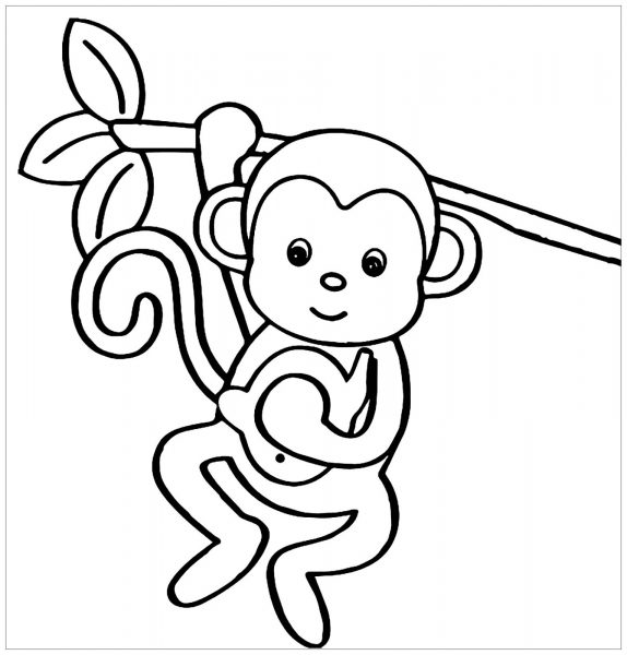 Tranh tô màu con khỉ một tay ôm cây