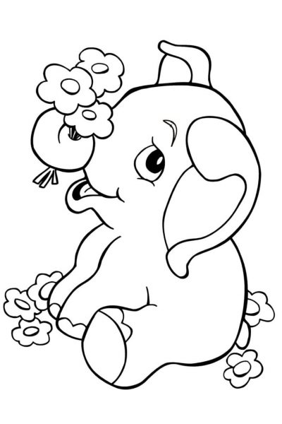 Tranh tô màu chú voi chơi với hoa