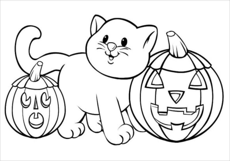 Tranh tô màu Halloween mèo và hai quả bí ngô