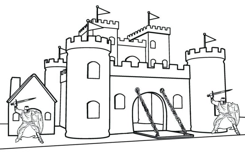 Trang màu của lâu đài và hai người lính ở cổng