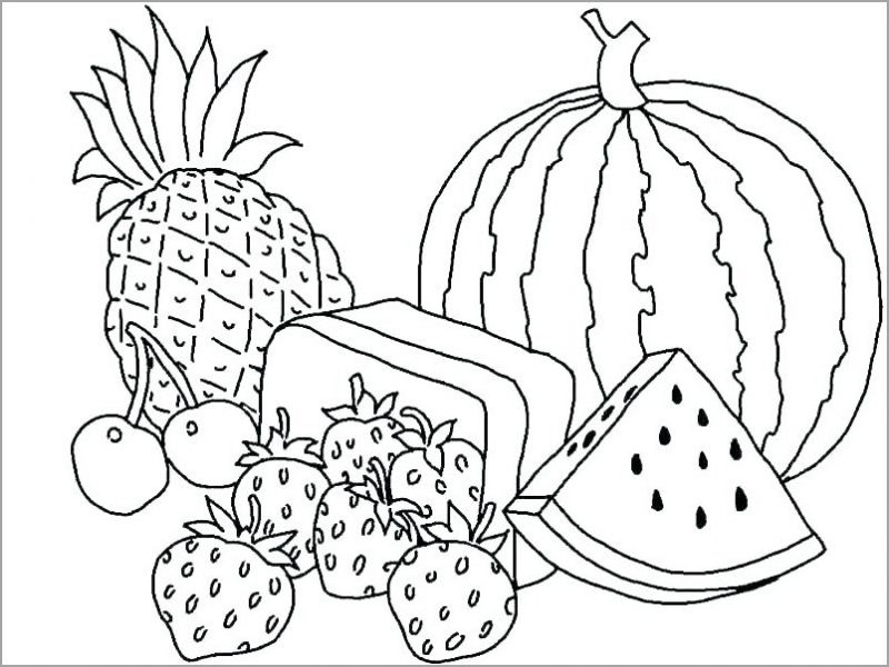 Tranh tô màu bên cạnh quả dưa hấu và các loại quả khác