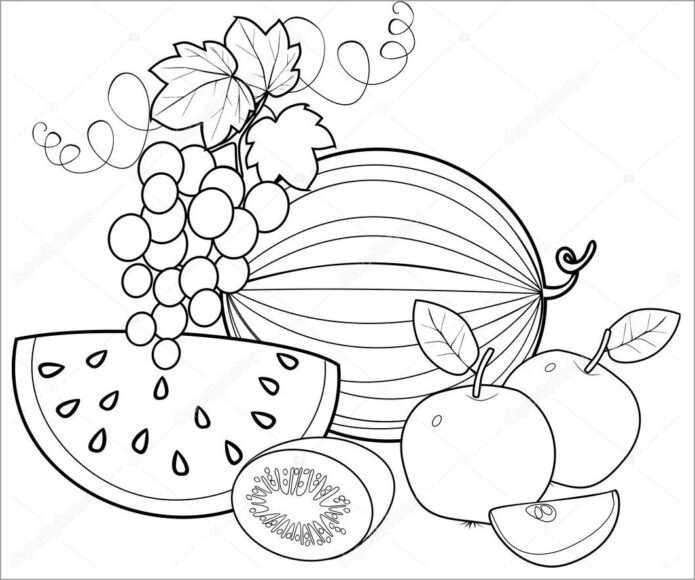 Tranh tô màu quả dưa hấu và nhiều loại quả ngon
