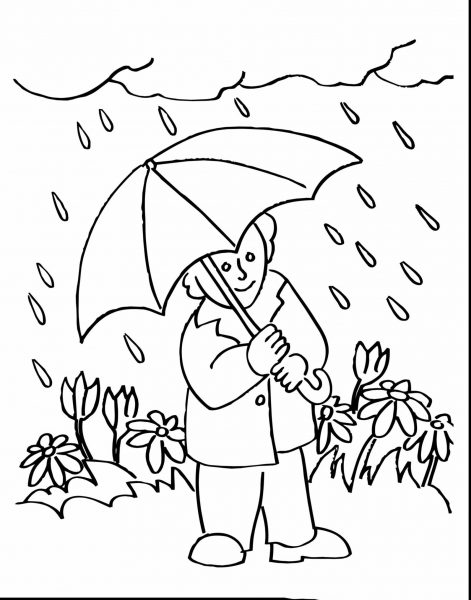 Tranh tô màu bé đứng dưới mưa cầm ô che mưa