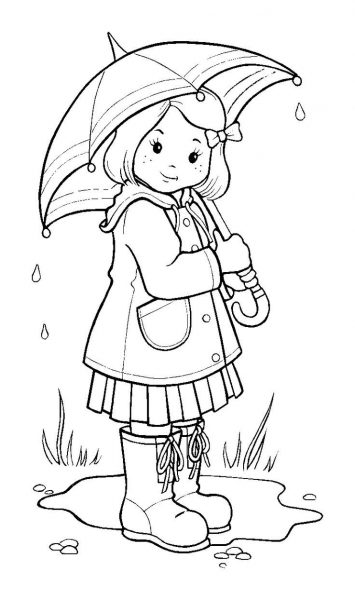 Tranh tô màu cô gái đứng dưới ô
