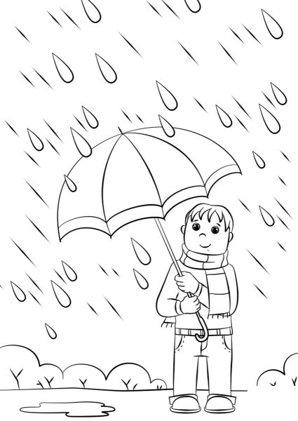 Tranh tô màu cậu bé cầm ô trong thời tiết giá lạnh