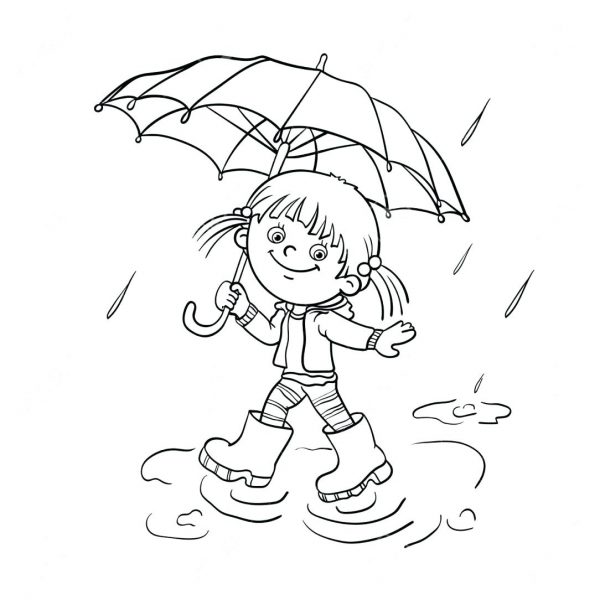 Tranh tô màu trời mưa bé cầm ô