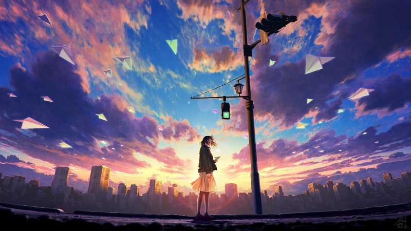 ảnh anime phong cảnh cô gái cô đơn trước thành phố