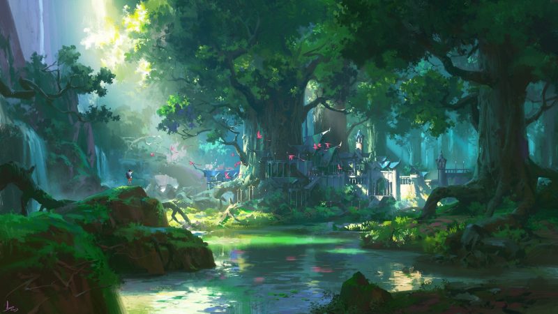 ảnh anime phong cảnh lâu đài trong khu rừng