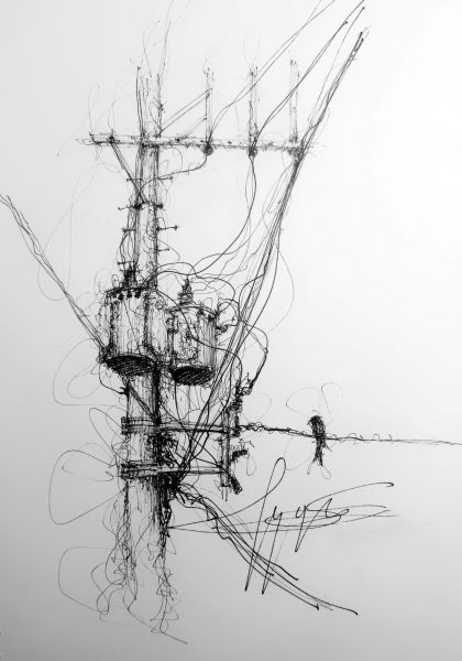 hình vẽ bút chì cột điện và con chim