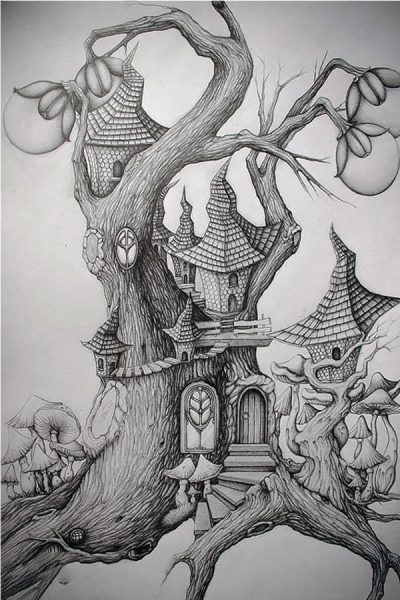 hình vẽ chì ngôi nhà trên cây