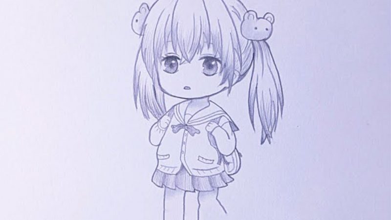 hình vẽ chibi bé gái đi học