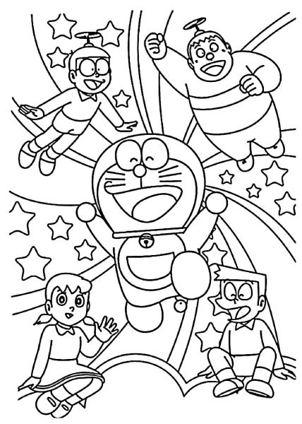 Hình vẽ doraemon cùng bạn bè vui chơi