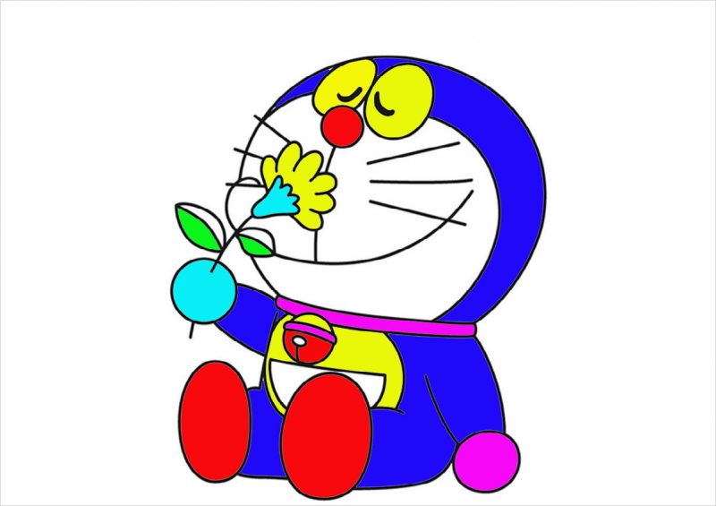 Hình vẽ doraemon ngồi ngửi hoa