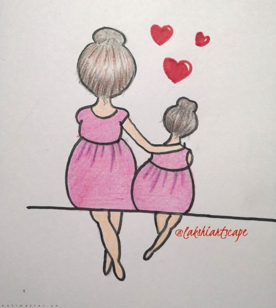 tranh vẽ mẹ và con gái với cách vẽ đơn giản