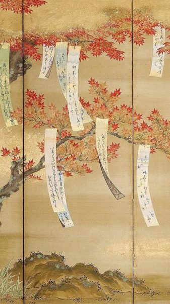 Một bức tranh tuyệt đẹp của Nhật Bản mô tả những lời cầu nguyện treo trên cây