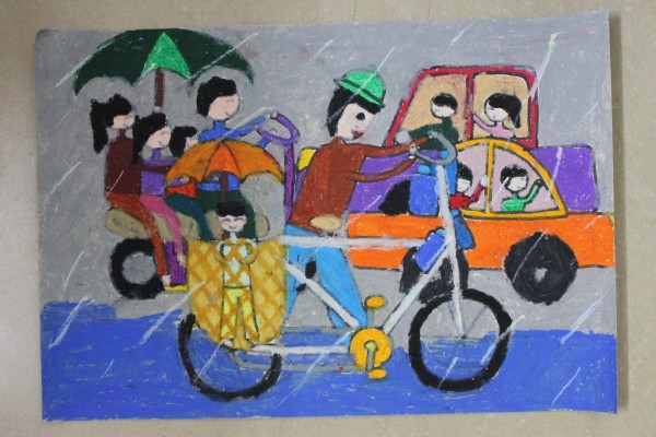 Malen des Hauses der Familie des Vaters, die das Kind mit dem Fahrrad von der Schule abholt
