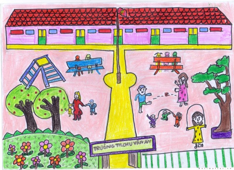 Vẽ tranh công viên cây xanh trường em học sinh tiểu học