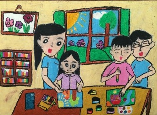 Vẽ tranh chủ đề ngôi nhà, gia đình, mẹ dạy con học