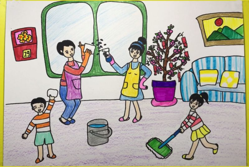 Tô màu chủ đề ngôi nhà, gia đình và giúp mẹ dọn dẹp nhà cửa