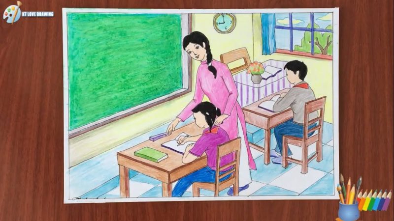 tranh vẽ học tập cô giáo hướng dẫn bài tập cho bé