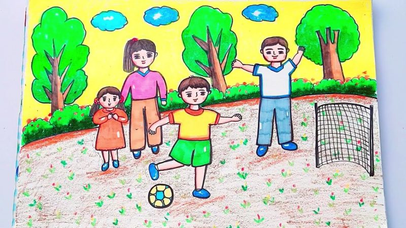 Gemälde eines Einfamilienhauses, Eltern und jüngere Schwester, die das Kind zum Fußballspielen anfeuern