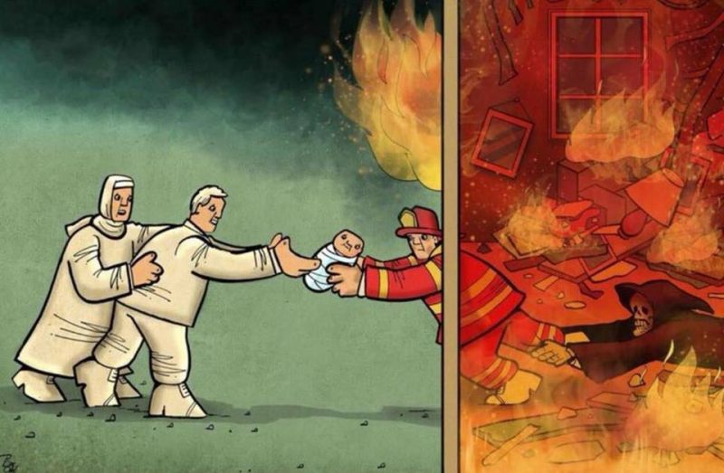 tranh vẽ đề tài phòng chống cháy nổ người lính cứu đứa trẻ khỏi đám cháy